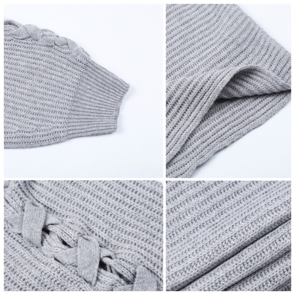Gray Off The Shoulder Slouch Tie Sweater C68 - Picture 7 of 7